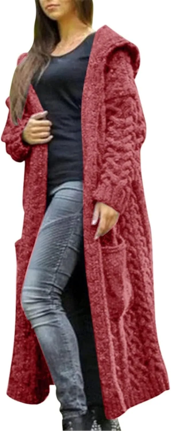 Womens Cardigan Long Sweaters Chunky Twists Cable Knitted Coats Open Front Hooded Outwear 2023 Trendy Warm Sweater
