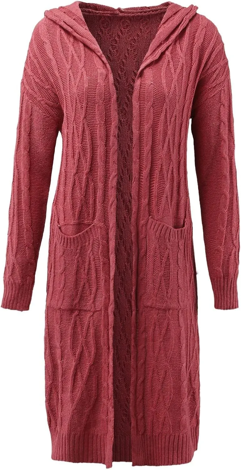 Womens Cardigan Long Sweaters Chunky Twists Cable Knitted Coats Open Front Hooded Outwear 2023 Trendy Warm Sweater