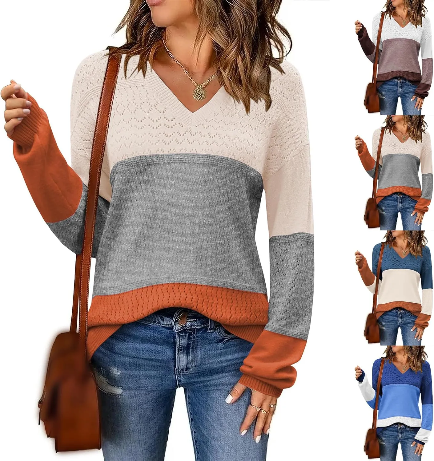 Womens Casual Fall Winter Sweaters Lightweight Ribbed Knit Pullover Color Block V Neck Long Sleeve Shirts
