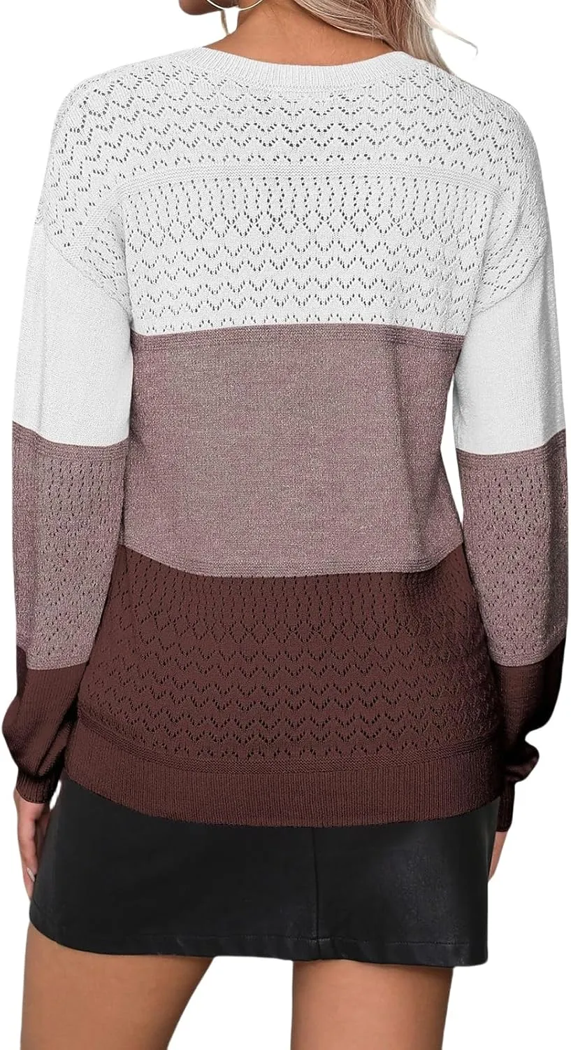 Womens Casual Fall Winter Sweaters Lightweight Ribbed Knit Pullover Color Block V Neck Long Sleeve Shirts
