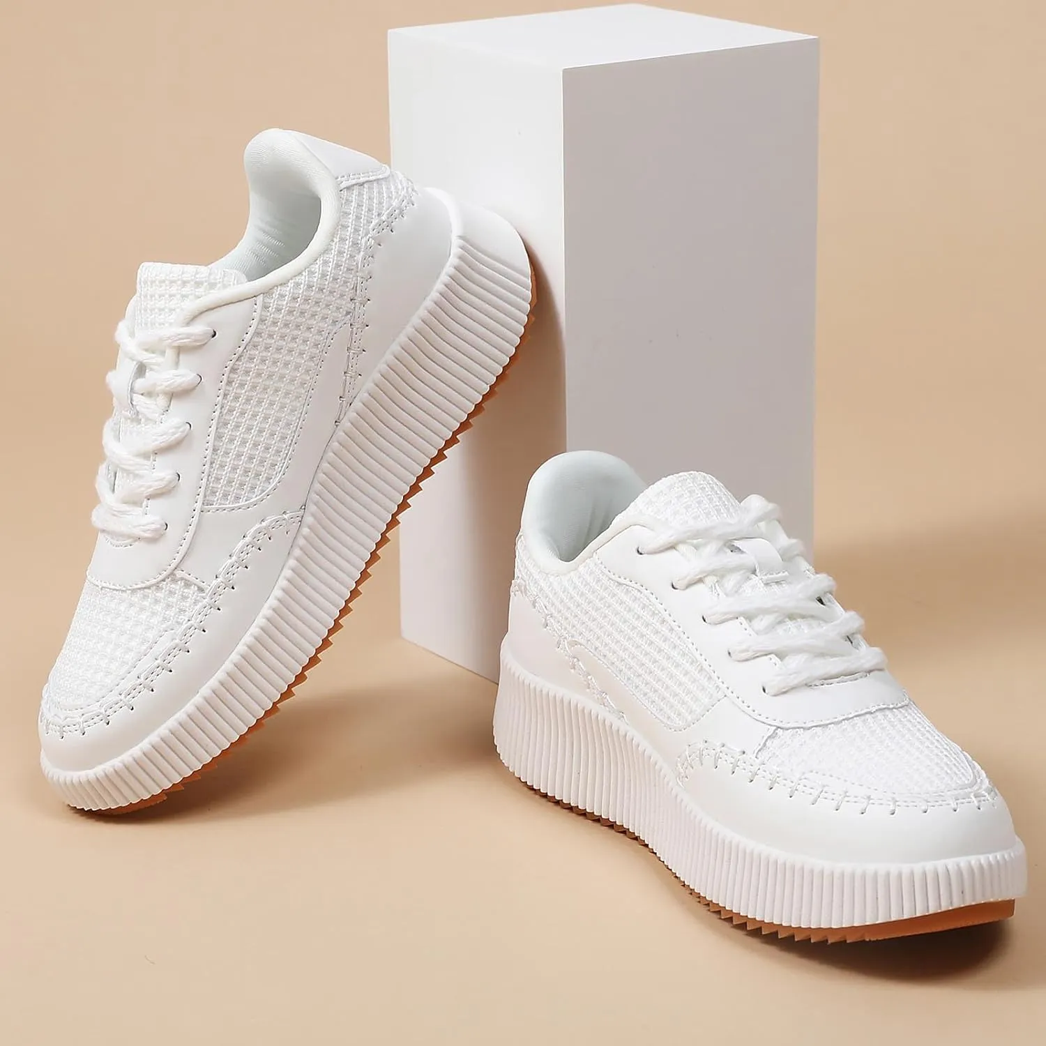 Womens Chunky Platform Sneakers | Orthopedic Walking Shoes with Arch Support | Breathable Knit Uppers | Casual Shoes with Non-Slip Rubber Outsole | Perfect for Travel, Shopping | White Tennis Shoes