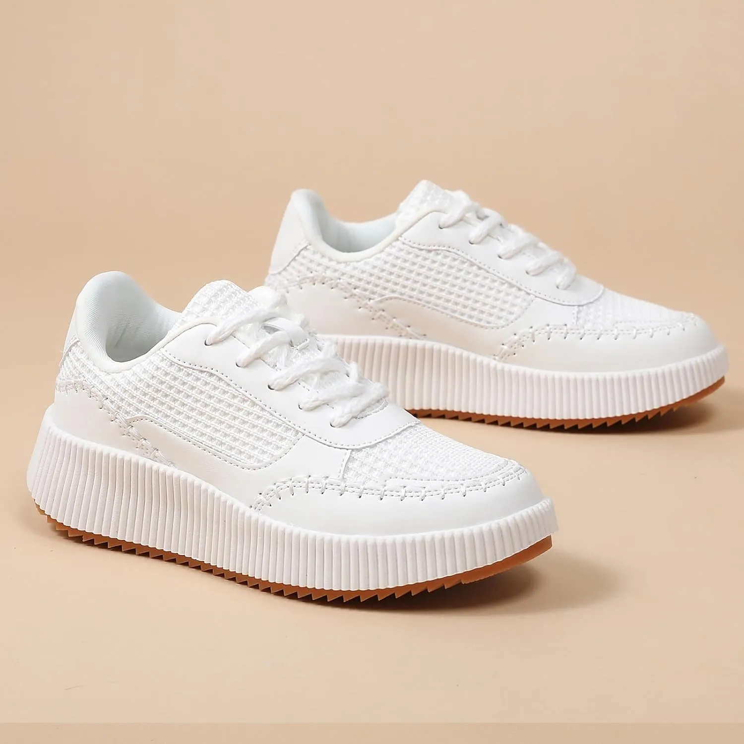 Womens Chunky Platform Sneakers | Orthopedic Walking Shoes with Arch Support | Breathable Knit Uppers | Casual Shoes with Non-Slip Rubber Outsole | Perfect for Travel, Shopping | White Tennis Shoes