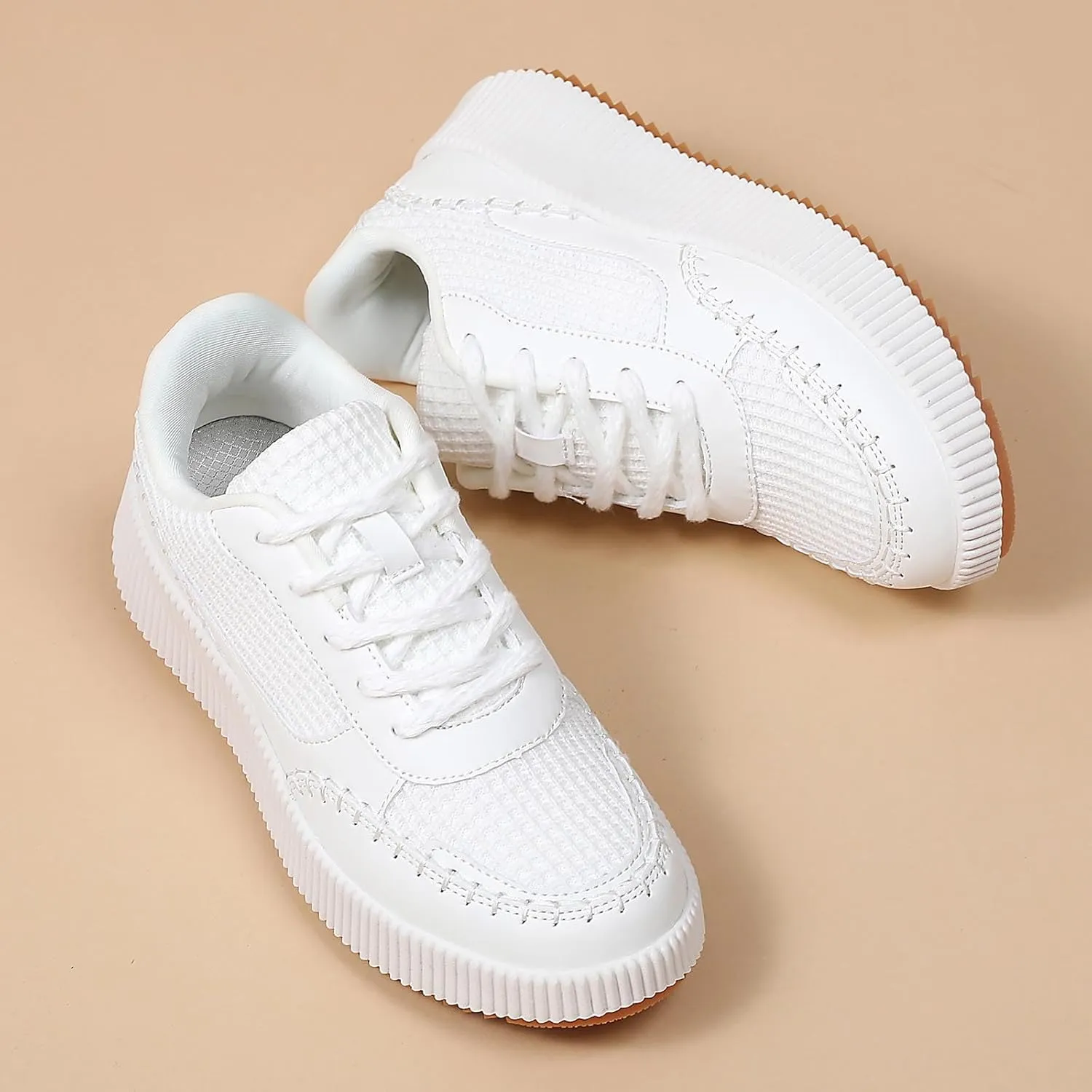Womens Chunky Platform Sneakers | Orthopedic Walking Shoes with Arch Support | Breathable Knit Uppers | Casual Shoes with Non-Slip Rubber Outsole | Perfect for Travel, Shopping | White Tennis Shoes