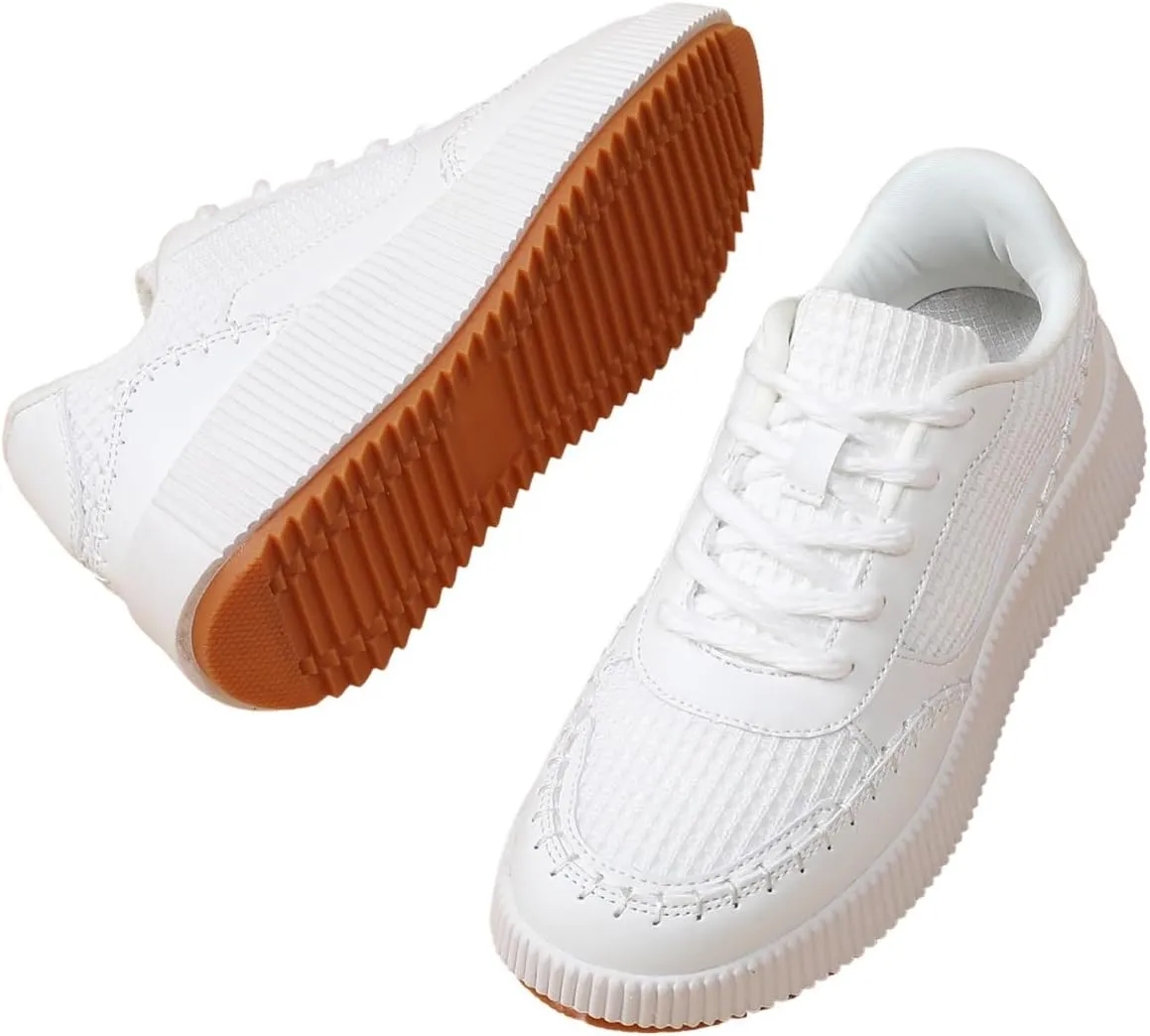 Womens Chunky Platform Sneakers | Orthopedic Walking Shoes with Arch Support | Breathable Knit Uppers | Casual Shoes with Non-Slip Rubber Outsole | Perfect for Travel, Shopping | White Tennis Shoes