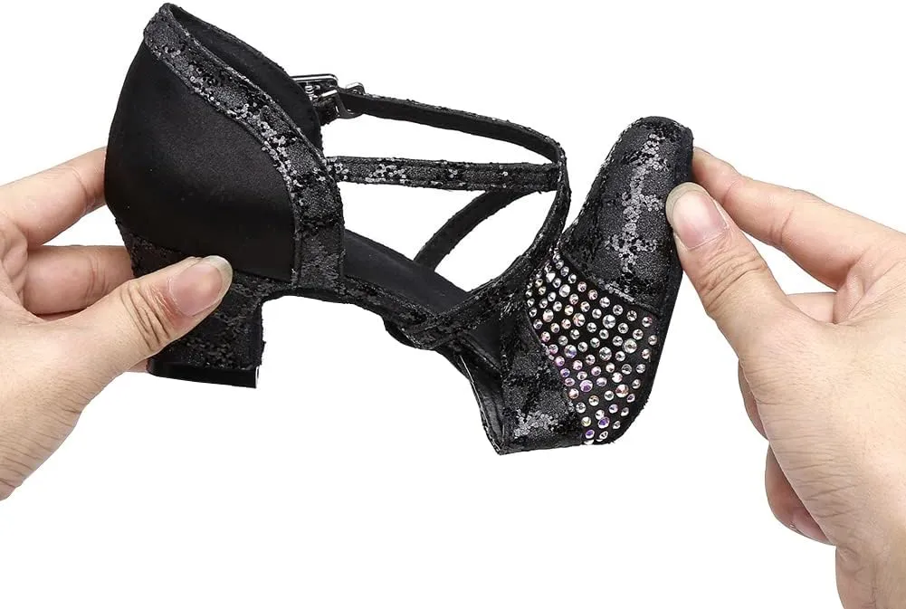 Women's Closed Toe Latin Ballroom Character Dance Shoes Satin Sequin Tango Salsa Party Dancing Shoes