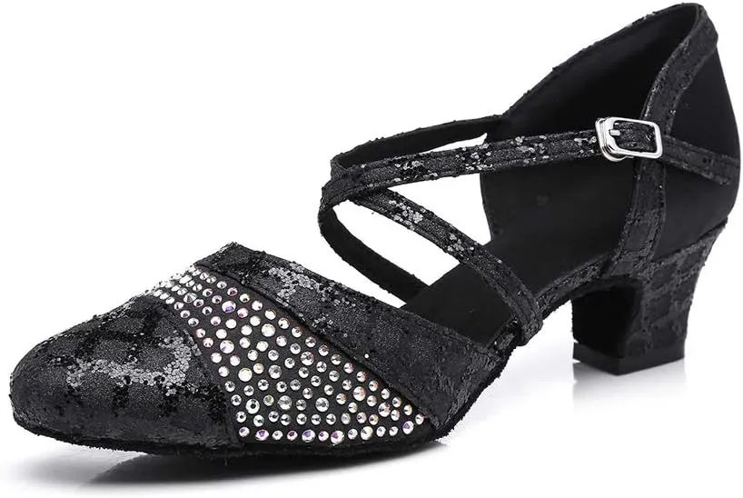 Women's Closed Toe Latin Ballroom Character Dance Shoes Satin Sequin Tango Salsa Party Dancing Shoes