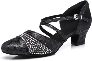 Women's Closed Toe Latin Ballroom Character Dance Shoes Satin Sequin Tango Salsa Party Dancing Shoes