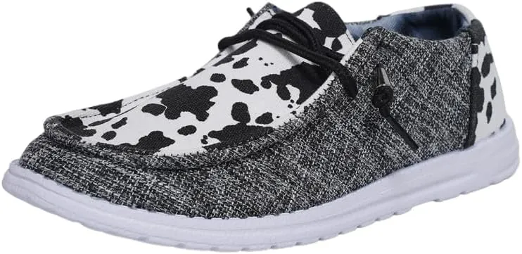 Women's Cow Pattern Canvas Loafers Elastic Strips Closure Slip-on Sneakers Comfort Easy-Walk Boat Shoes Ultralight Breathable Casual Sports Shoes for Women/Men Adults/Teenagers, Couple Shoes, Grey