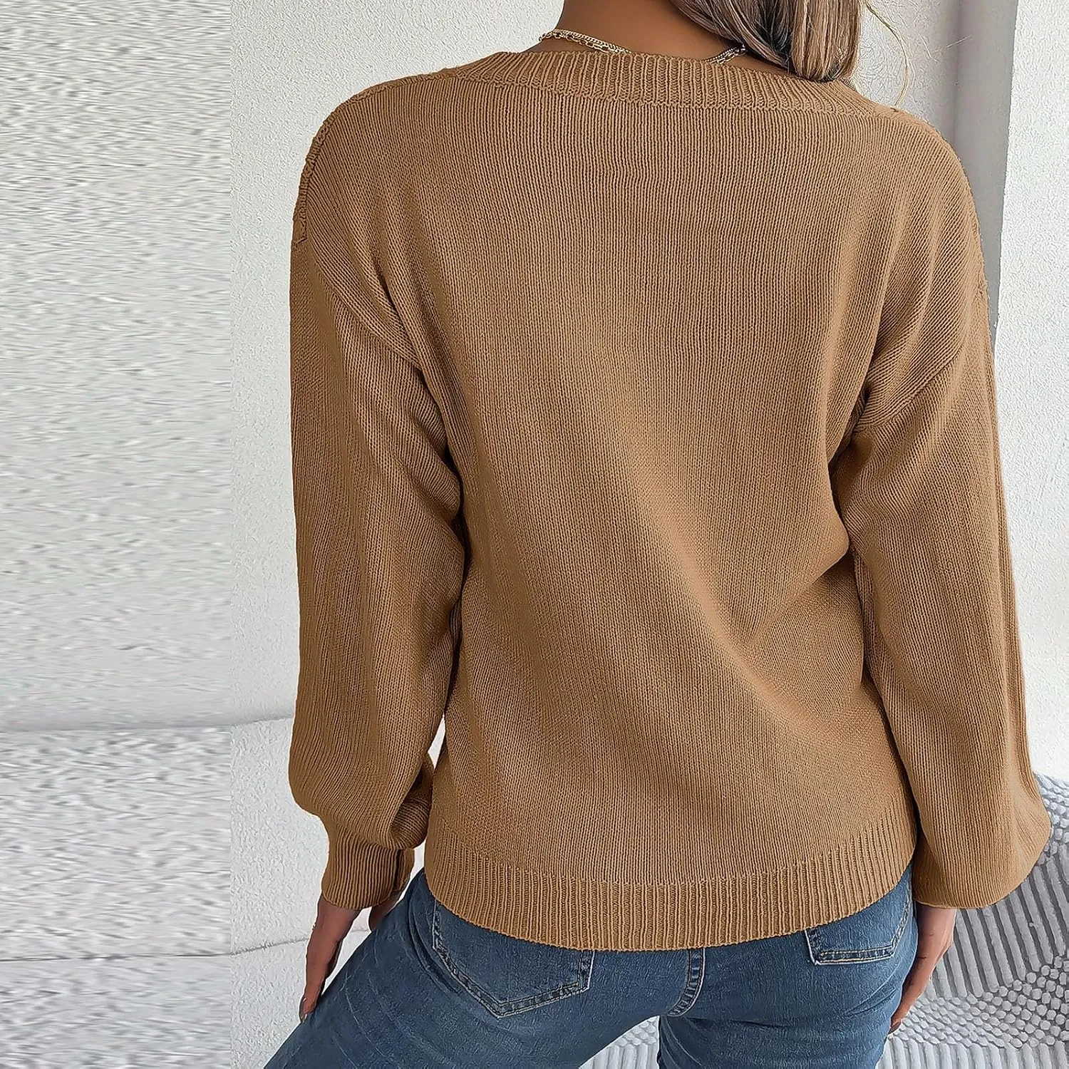 Women's Fall Tops 2024 Fashion Button V Neck Lantern Sleeve Shirts Blouse Knitted Casual Pullover Sweater Tops Cozy