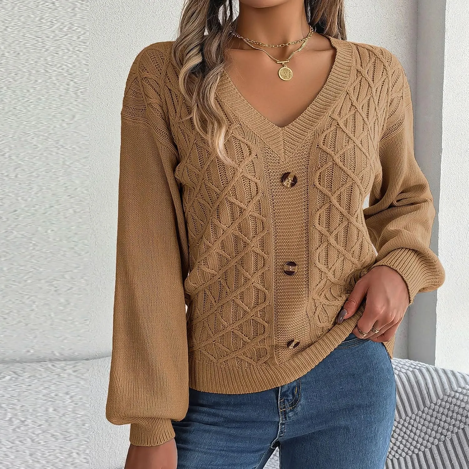 Women's Fall Tops 2024 Fashion Button V Neck Lantern Sleeve Shirts Blouse Knitted Casual Pullover Sweater Tops Cozy