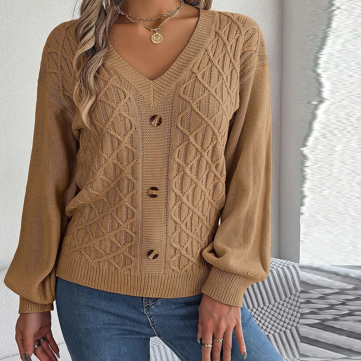 Women's Fall Tops 2024 Fashion Button V Neck Lantern Sleeve Shirts Blouse Knitted Casual Pullover Sweater Tops Cozy
