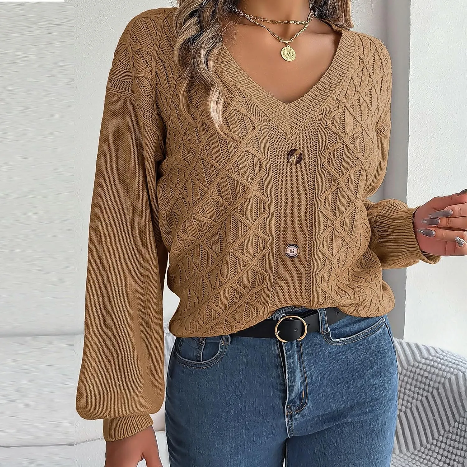 Women's Fall Tops 2024 Fashion Button V Neck Lantern Sleeve Shirts Blouse Knitted Casual Pullover Sweater Tops Cozy