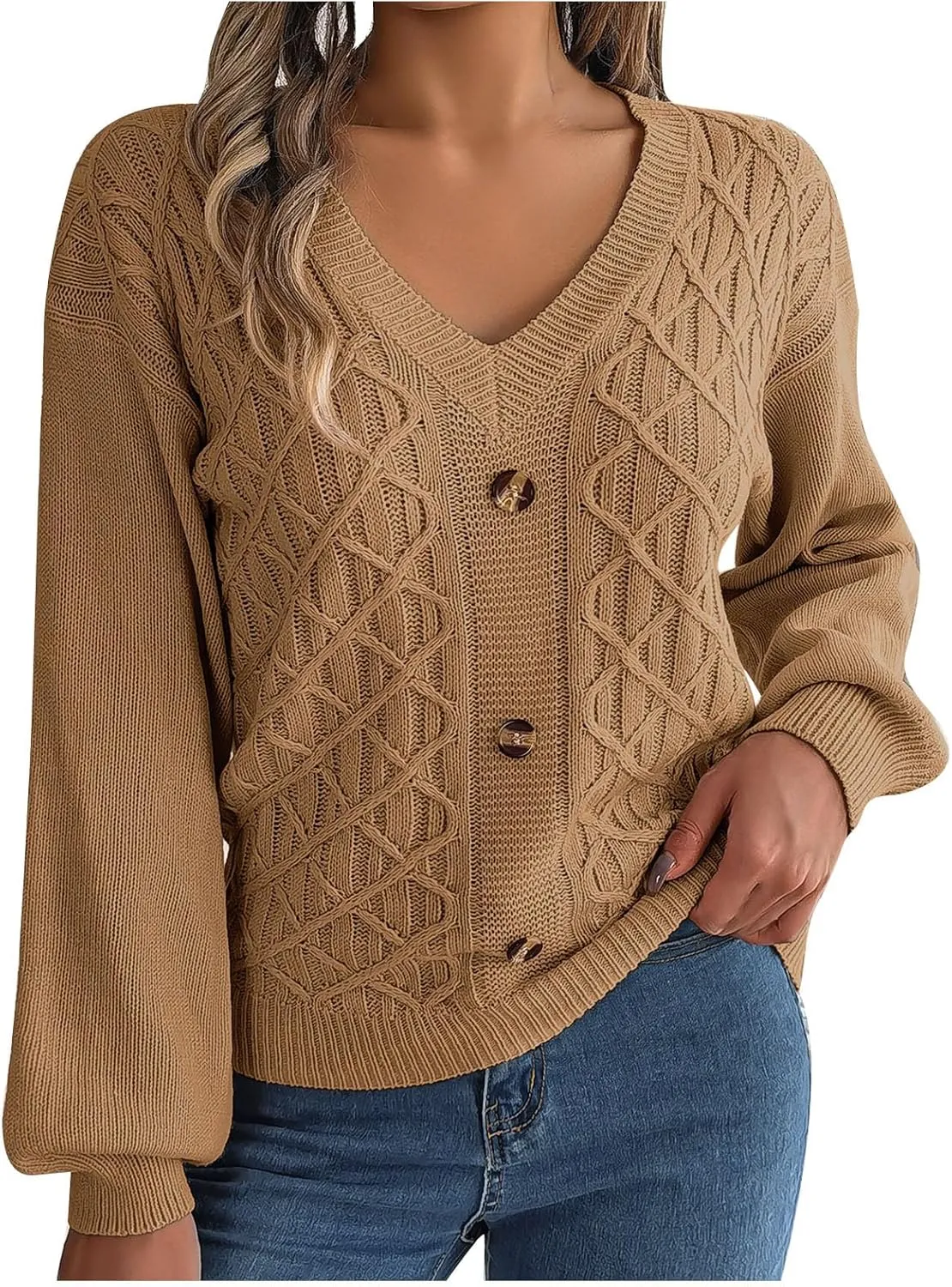 Women's Fall Tops 2024 Fashion Button V Neck Lantern Sleeve Shirts Blouse Knitted Casual Pullover Sweater Tops Cozy