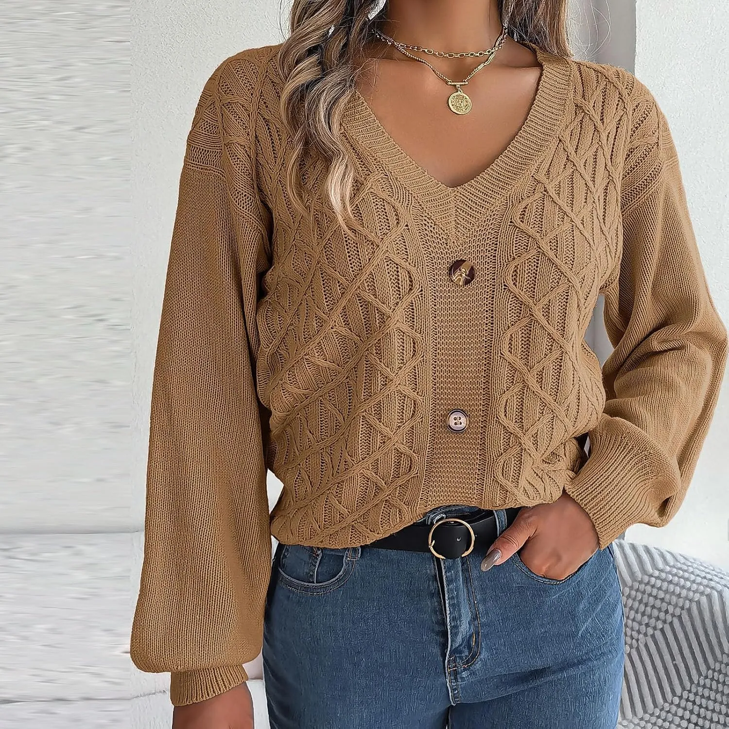 Women's Fall Tops 2024 Fashion Button V Neck Lantern Sleeve Shirts Blouse Knitted Casual Pullover Sweater Tops Cozy