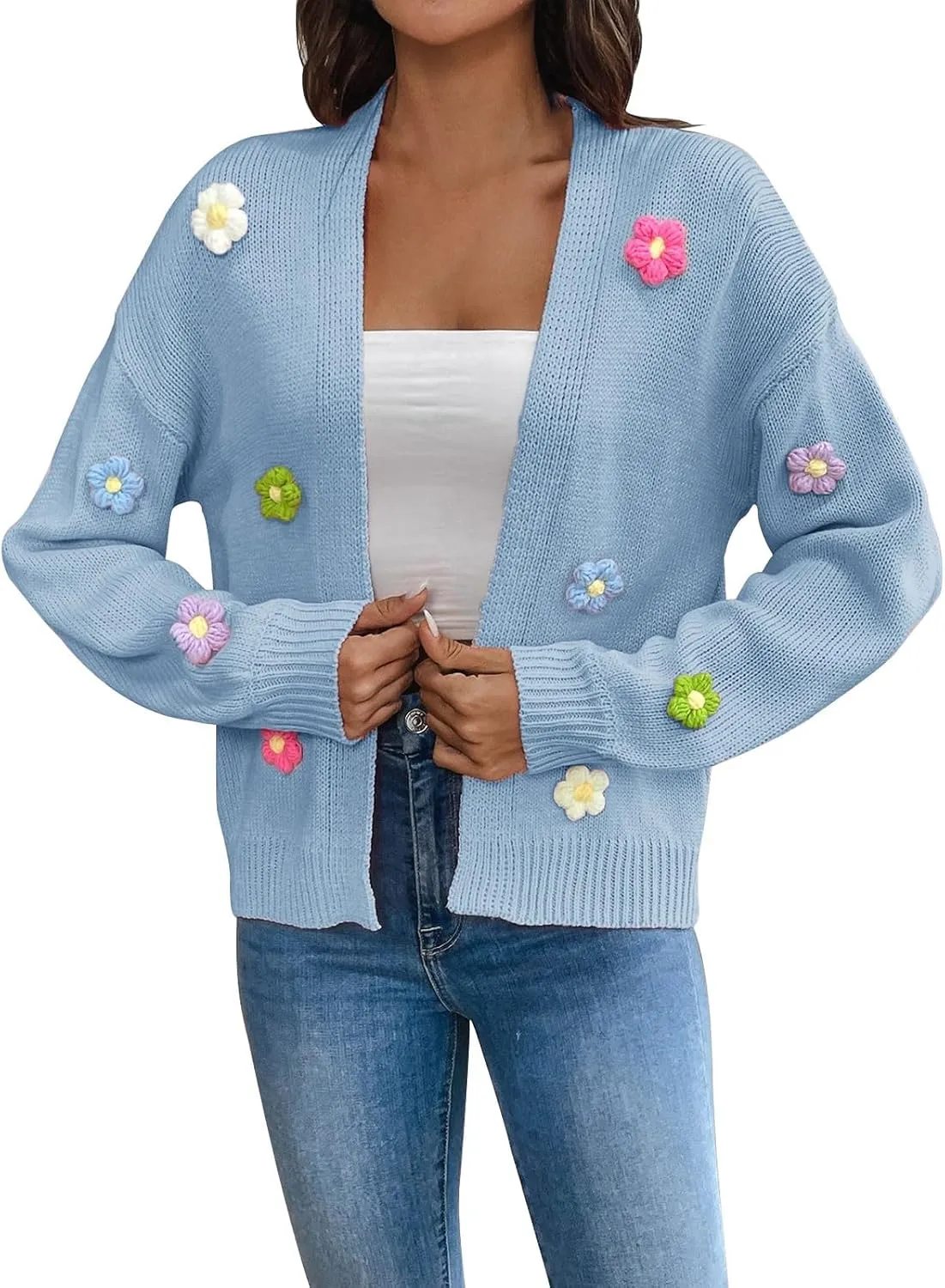 Women's Floral Print Cardigan Fall Long Sleeve Open Front Button Down V Neck Knitted Sweaters Casual Y2k Outerwear