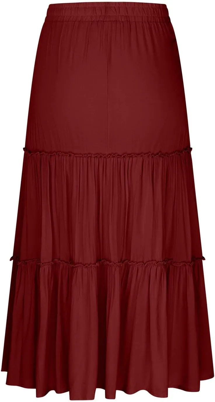 Womens Flowy Boho Maxi Skirt Elastic High Waist A Line Pleated Tiered Summer Casual Graduation Beach Long Skirts with Pockets