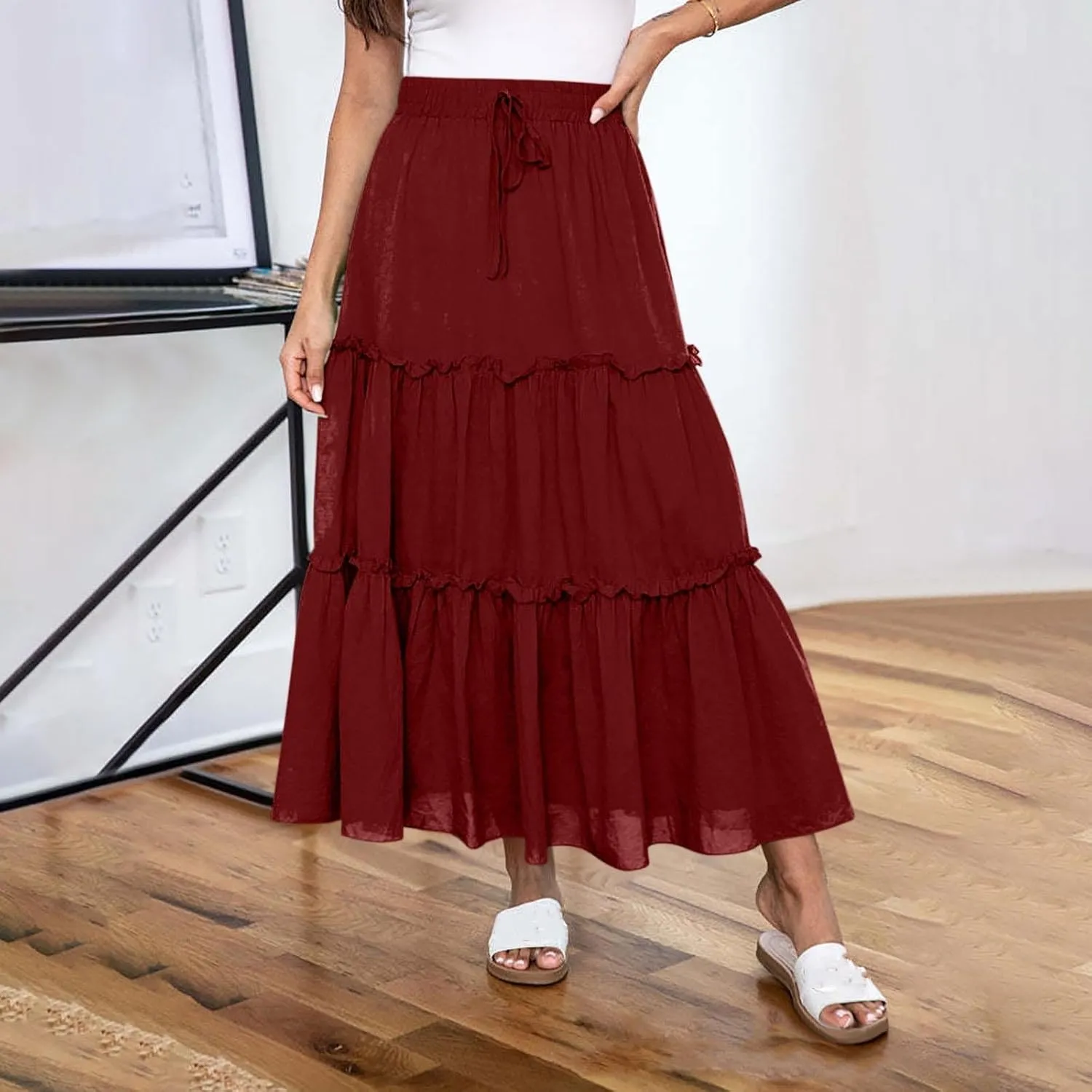 Womens Flowy Boho Maxi Skirt Elastic High Waist A Line Pleated Tiered Summer Casual Graduation Beach Long Skirts with Pockets