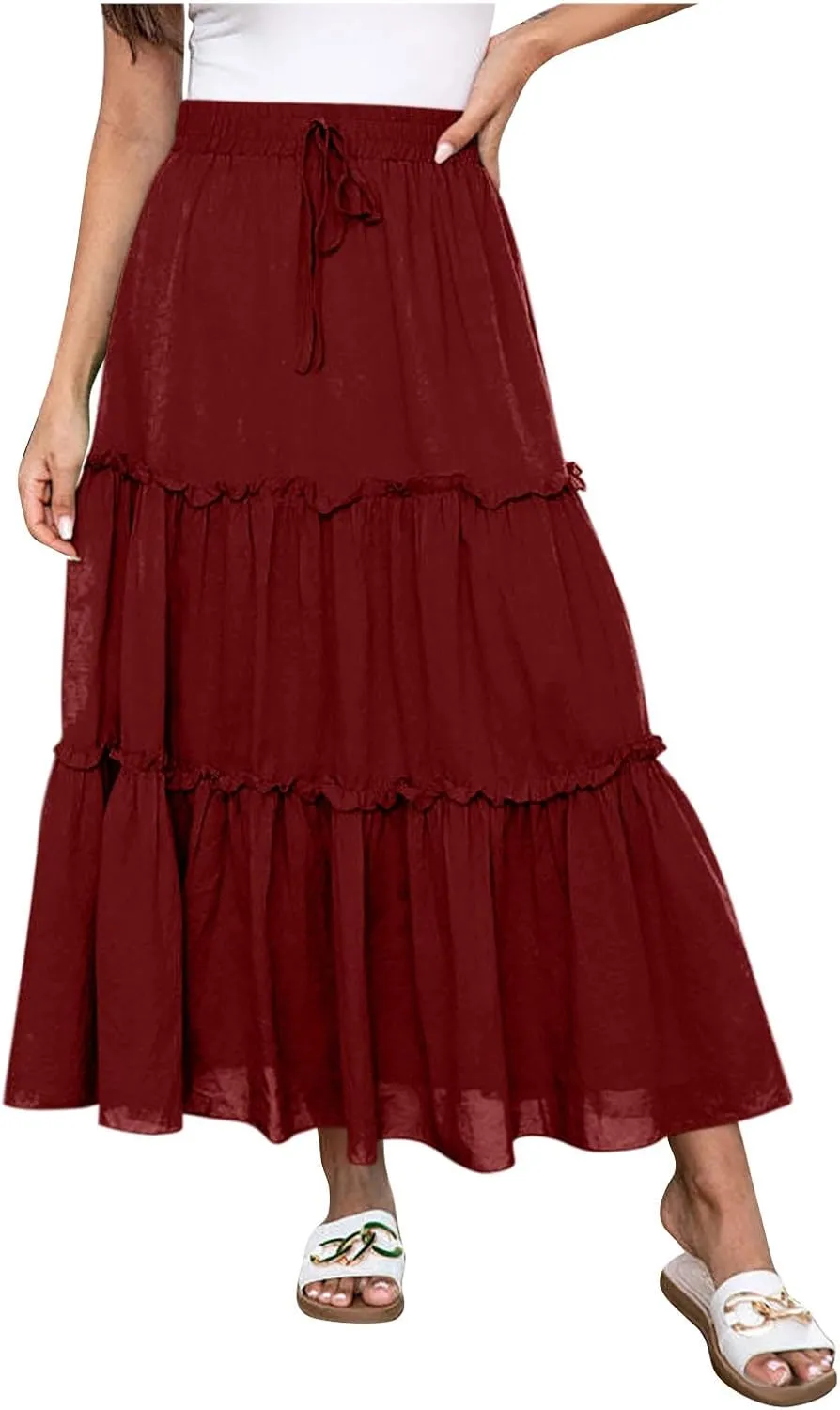 Womens Flowy Boho Maxi Skirt Elastic High Waist A Line Pleated Tiered Summer Casual Graduation Beach Long Skirts with Pockets