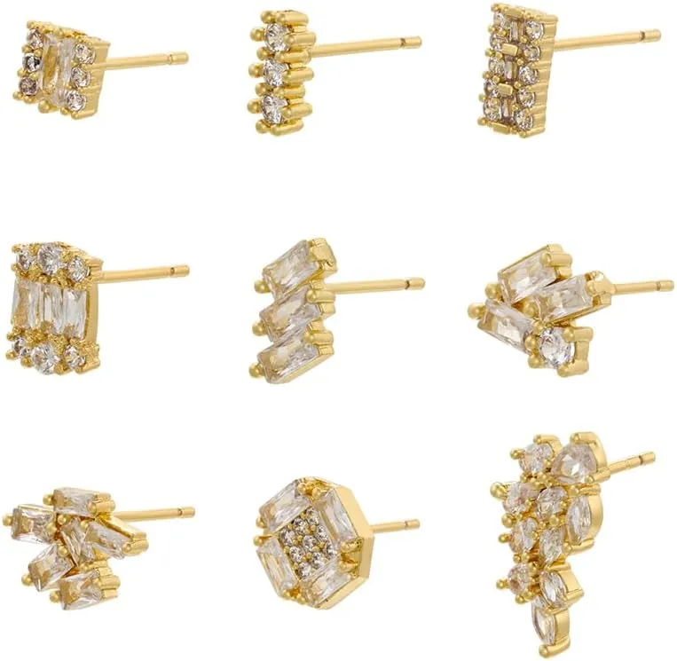 Women's Gold Tone Triple CZ Stone Bar Stud Earrings, Minimalist Mini Line Design