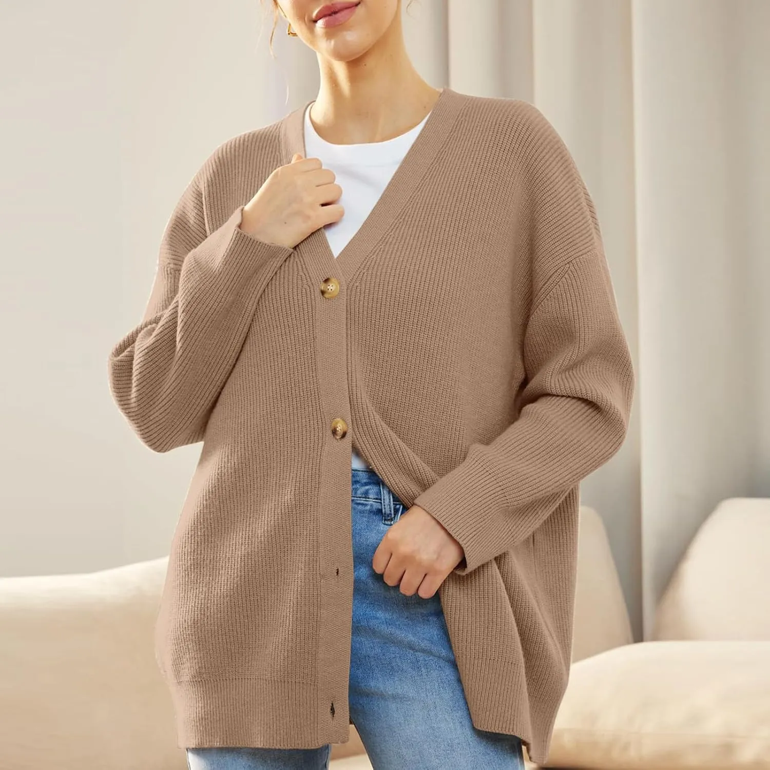 Women's Long Sleeve Knit Sweater Open Front Cardigan Casual Button Down Loose Knit Outerwear Fall Winter Trendy Coat