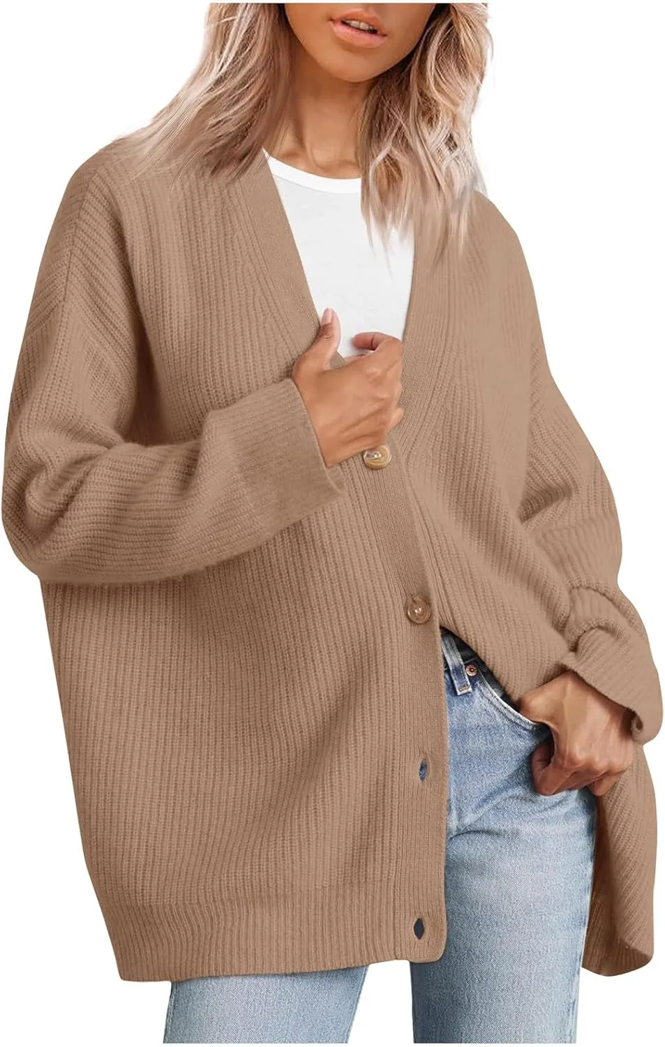 Women's Long Sleeve Knit Sweater Open Front Cardigan Casual Button Down Loose Knit Outerwear Fall Winter Trendy Coat