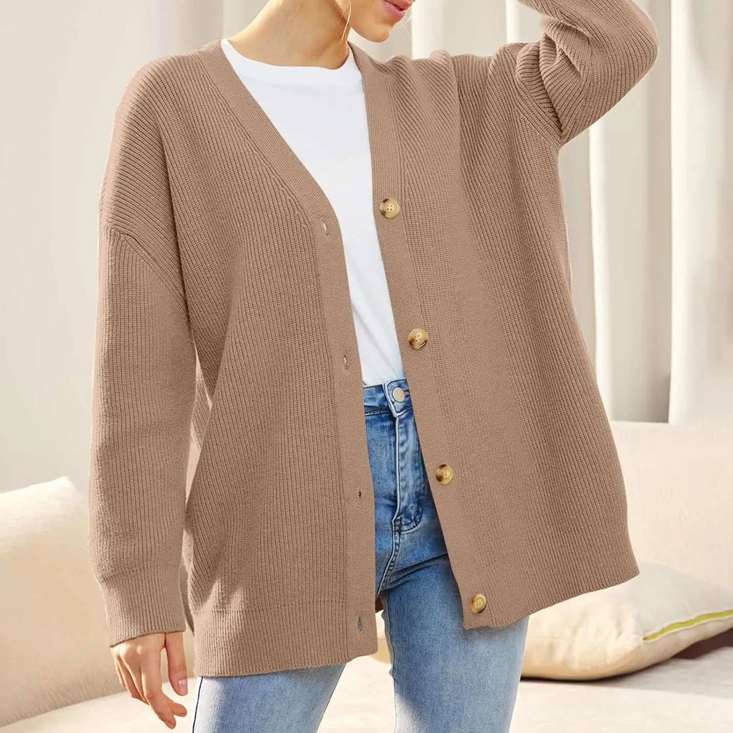 Women's Long Sleeve Knit Sweater Open Front Cardigan Casual Button Down Loose Knit Outerwear Fall Winter Trendy Coat