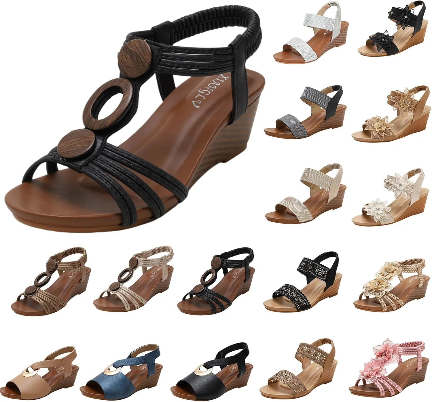 Women's Low Wedge Sandals Open Toe Fashion Dress Shoes, Casual Summer Roman High Heel Beach Sandals Comfy Platform Slip on Elastic Ankle Strap Sandal