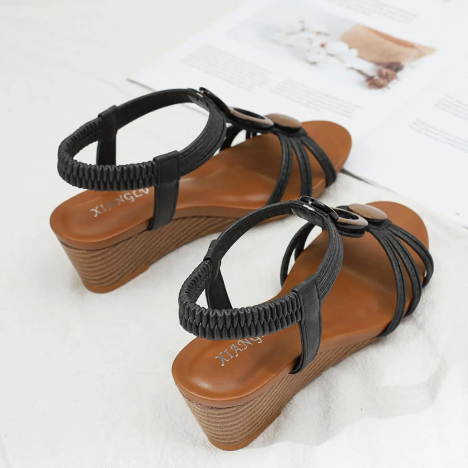 Women's Low Wedge Sandals Open Toe Fashion Dress Shoes, Casual Summer Roman High Heel Beach Sandals Comfy Platform Slip on Elastic Ankle Strap Sandal