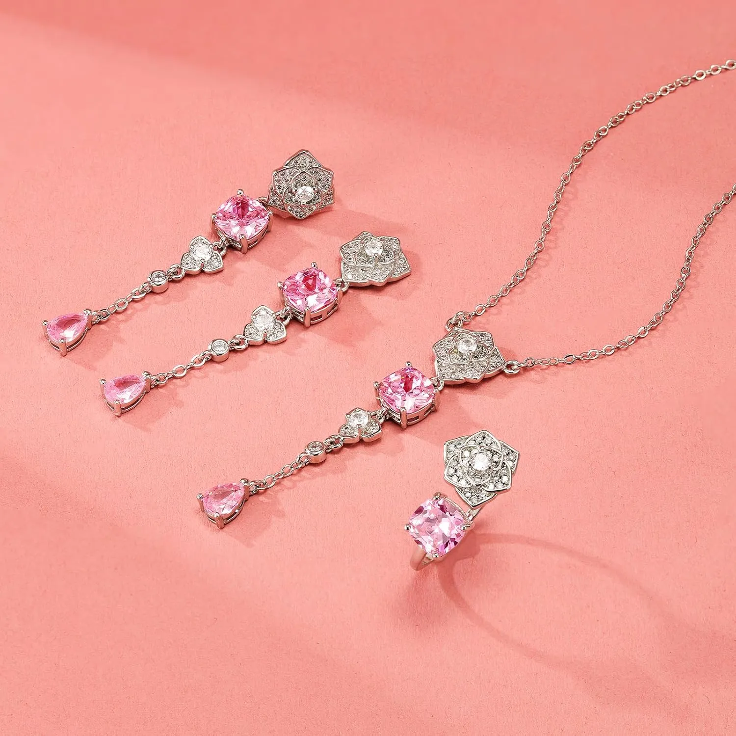Women's Luxury Camellia Jewelry Set (Ring   Necklace   Earrings) with Yellow Zirconia Banquet Wedding Bridal Very Sparkling and Gorgeous
