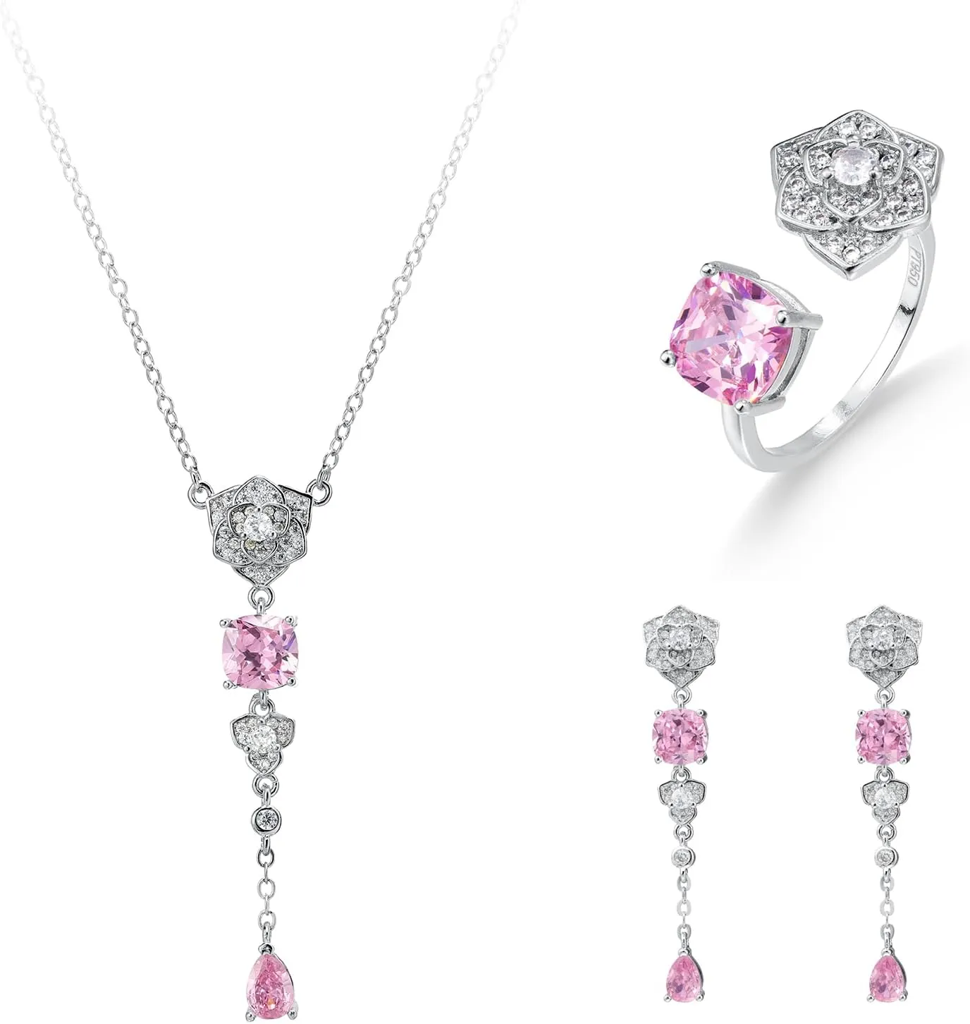Women's Luxury Camellia Jewelry Set (Ring   Necklace   Earrings) with Yellow Zirconia Banquet Wedding Bridal Very Sparkling and Gorgeous