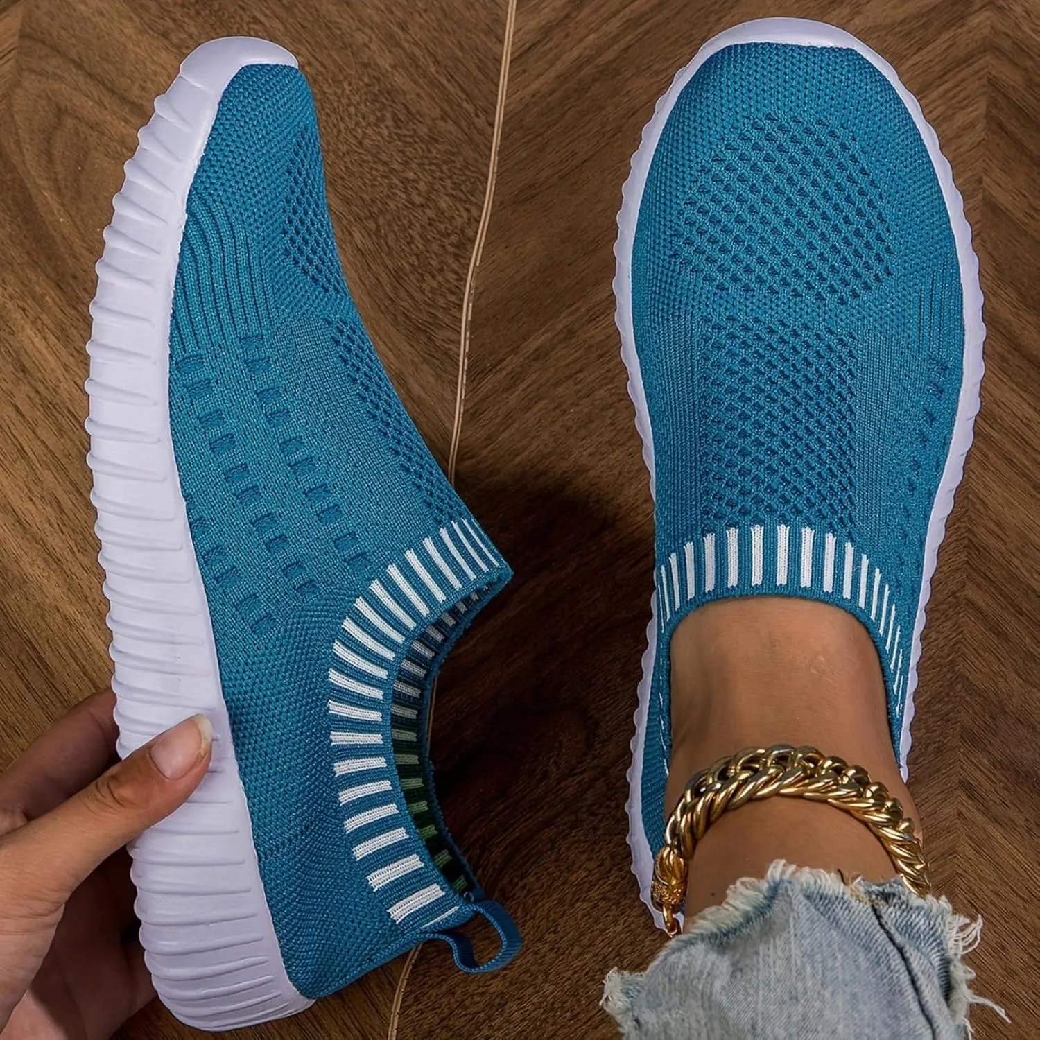 Women's Mesh Flats Shoes Knit Slip on Comfortable Sneaker Breathable Slip on Walking Tennis Shoes Casual Fashion Athletic Sneakers