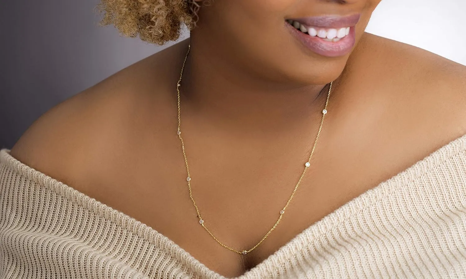 Women's Necklace - 925 Sterling Silver By the Yard Station Bezel Set Crystal Delicate Link Chain Necklace