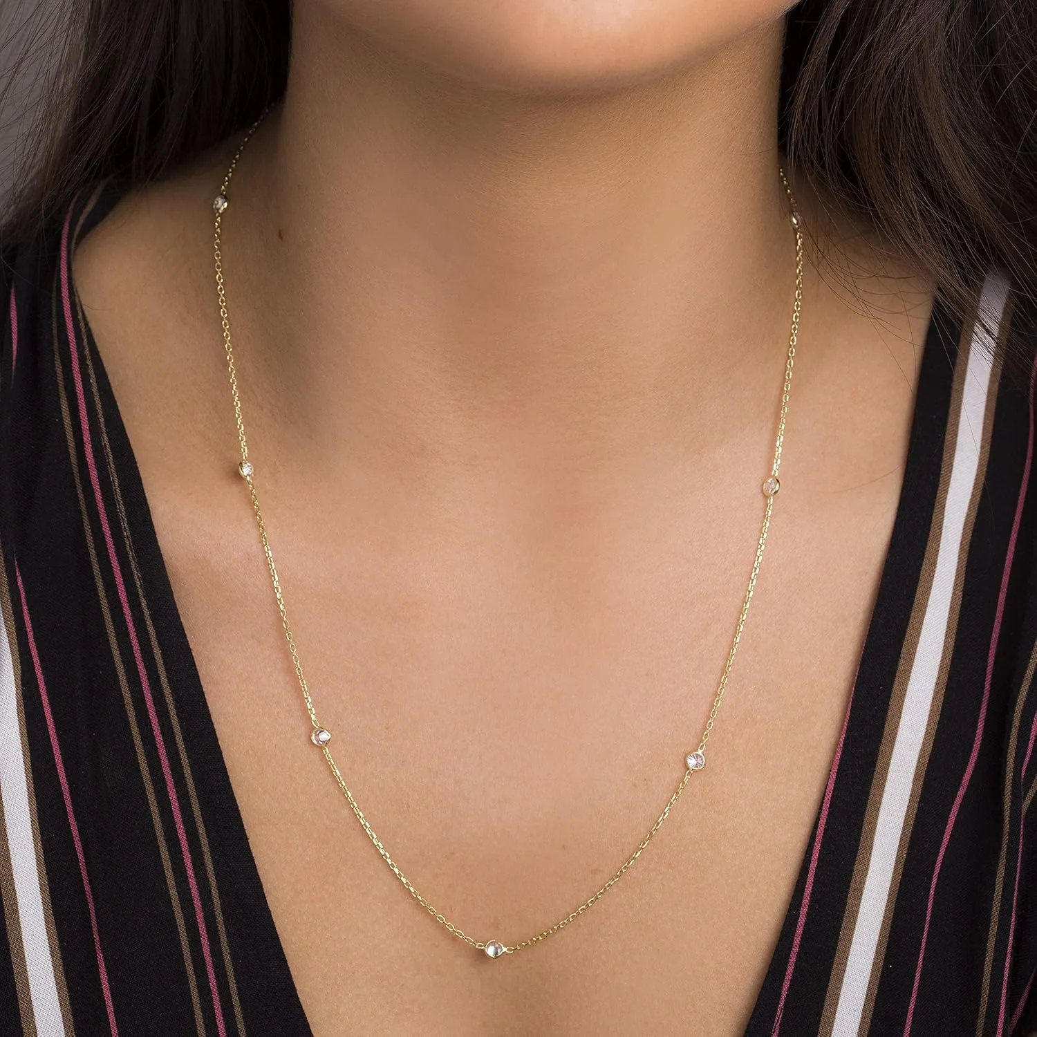 Women's Necklace - 925 Sterling Silver By the Yard Station Bezel Set Crystal Delicate Link Chain Necklace