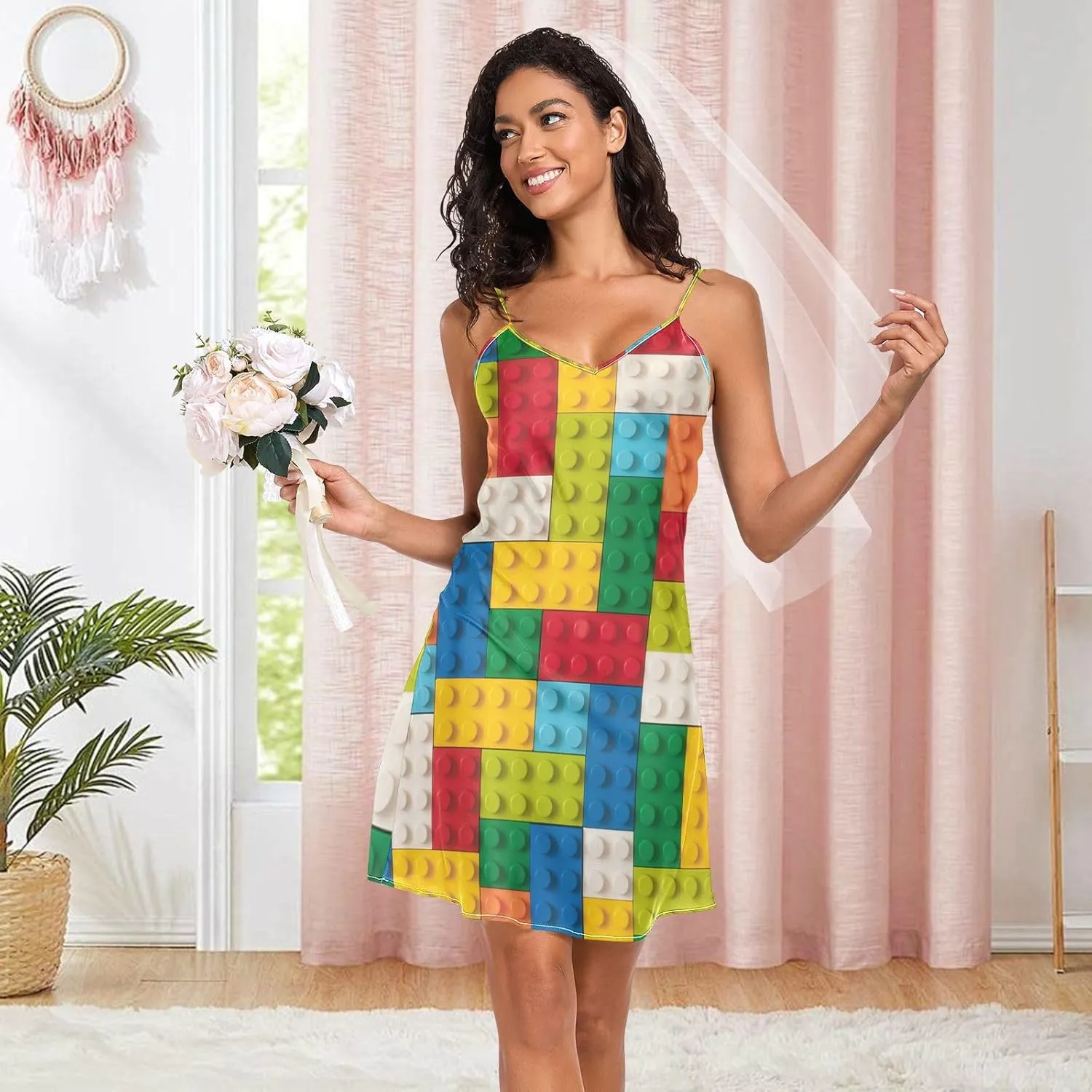 Women's Nightgowns Satin Slip Dress Nightdress Colorful Building Blocks Sleepwear Chemises Slip Mini Dress