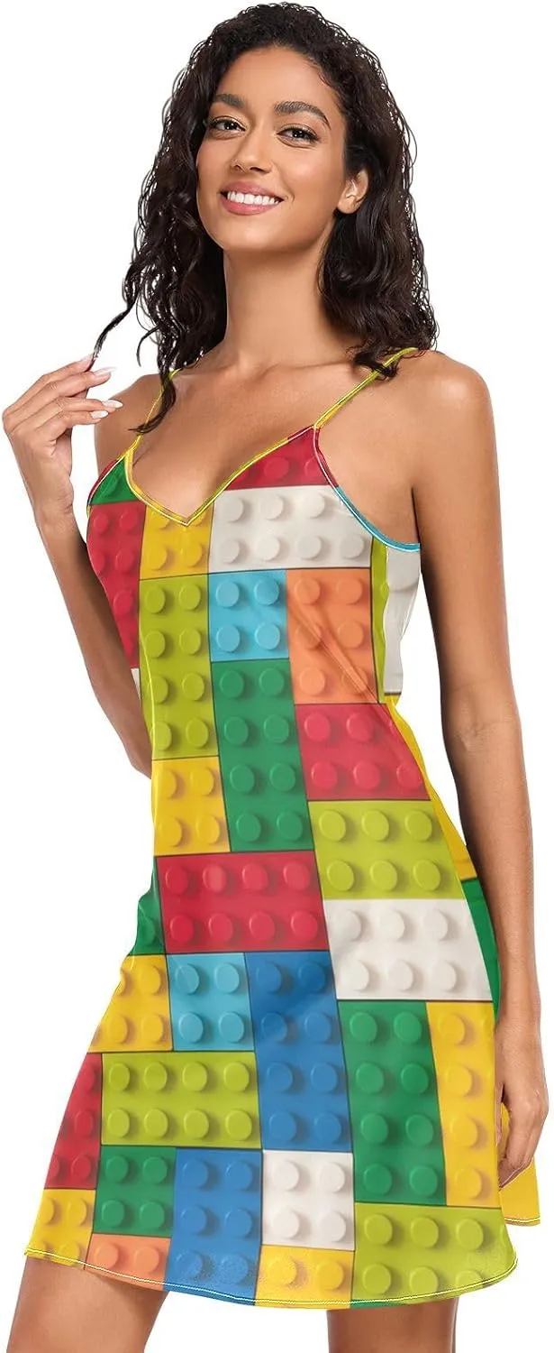 Women's Nightgowns Satin Slip Dress Nightdress Colorful Building Blocks Sleepwear Chemises Slip Mini Dress