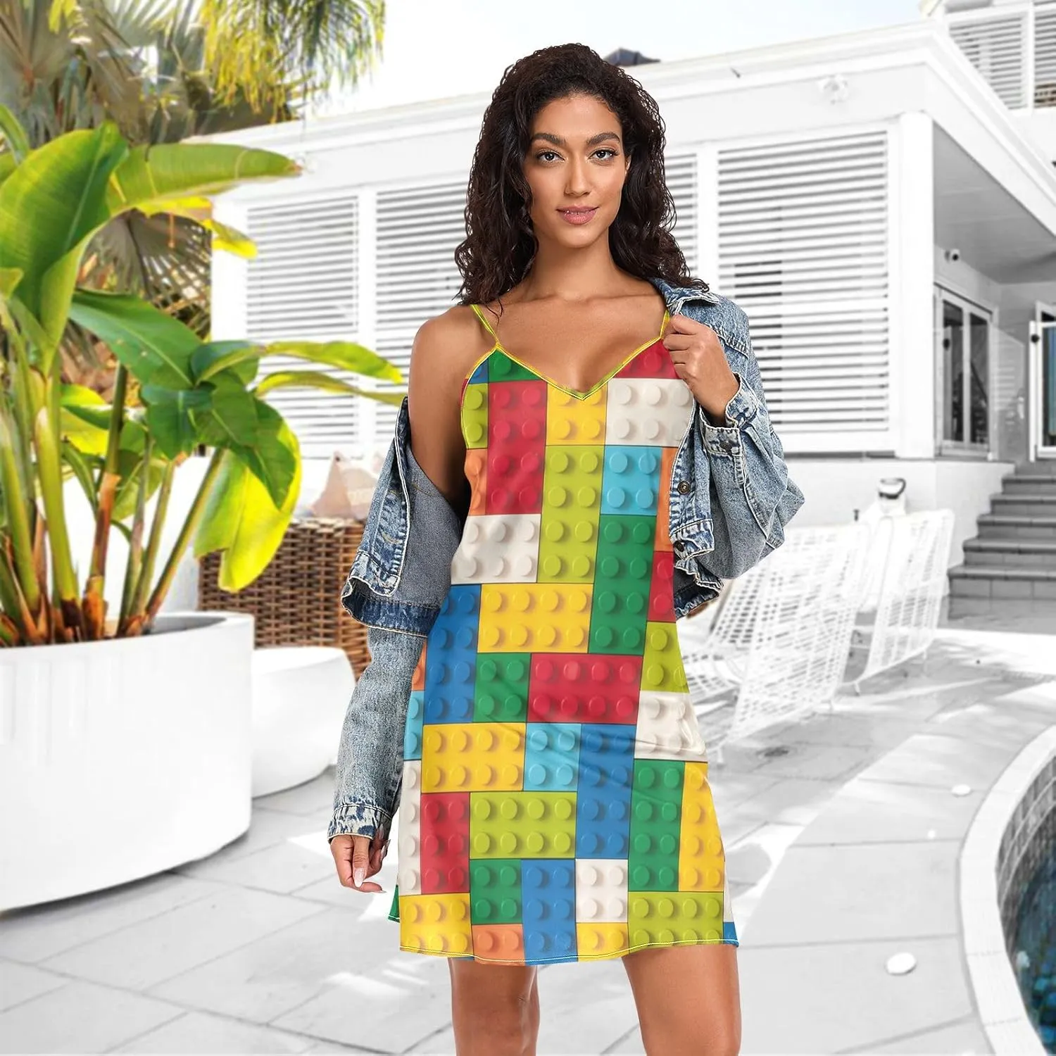 Women's Nightgowns Satin Slip Dress Nightdress Colorful Building Blocks Sleepwear Chemises Slip Mini Dress