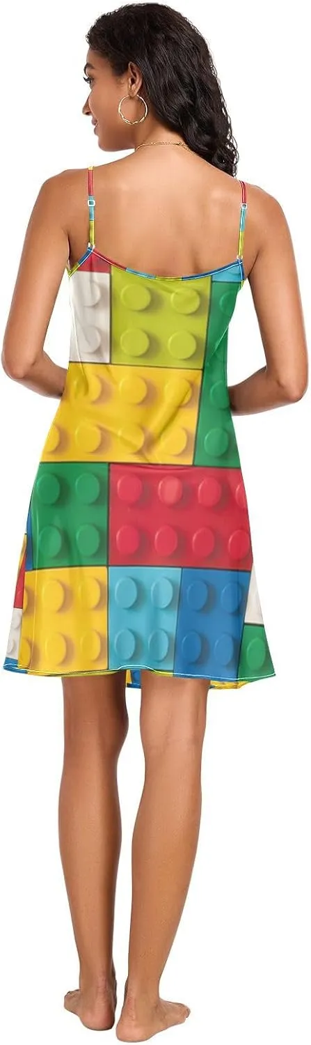 Women's Nightgowns Satin Slip Dress Nightdress Colorful Building Blocks Sleepwear Chemises Slip Mini Dress