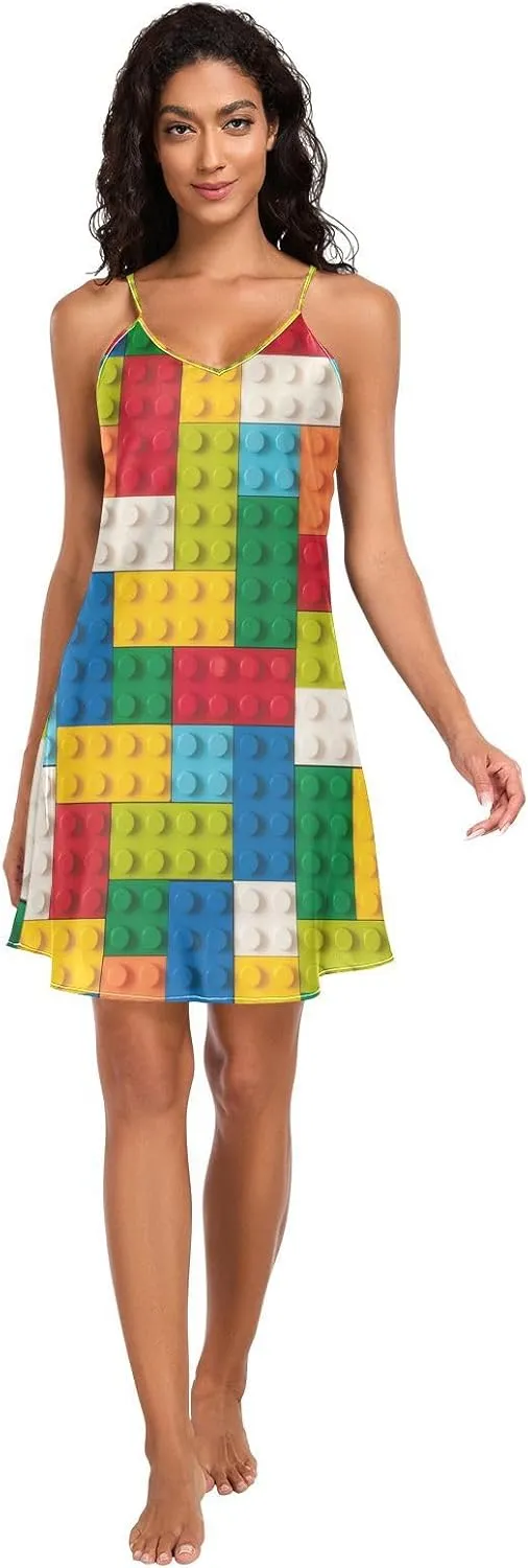 Women's Nightgowns Satin Slip Dress Nightdress Colorful Building Blocks Sleepwear Chemises Slip Mini Dress