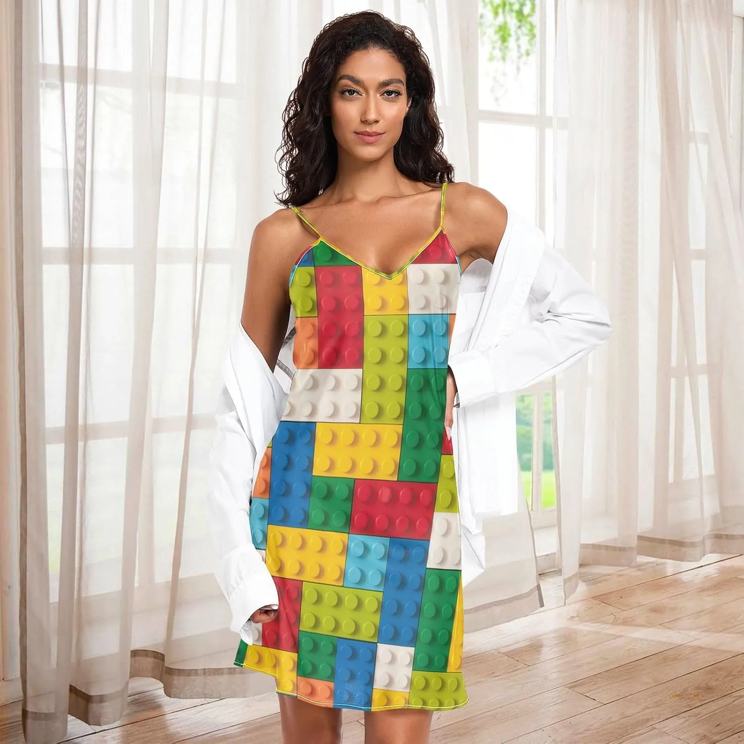 Women's Nightgowns Satin Slip Dress Nightdress Colorful Building Blocks Sleepwear Chemises Slip Mini Dress