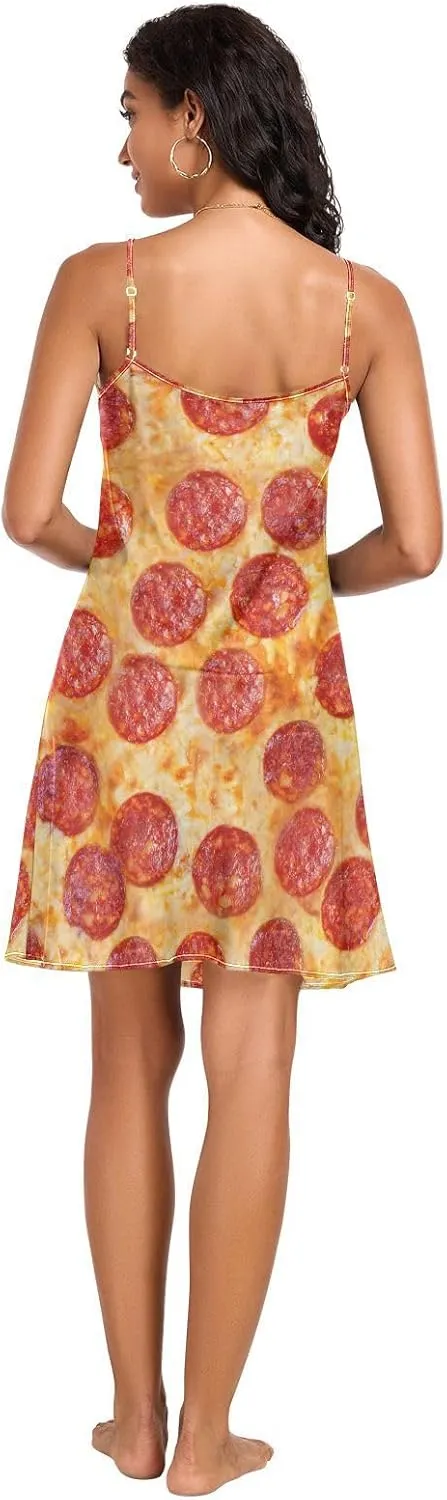 Women's Nightgowns Satin Slip Dress Nightdress Pizza Sleepwear Chemises Slip Mini Dress Food Pattern