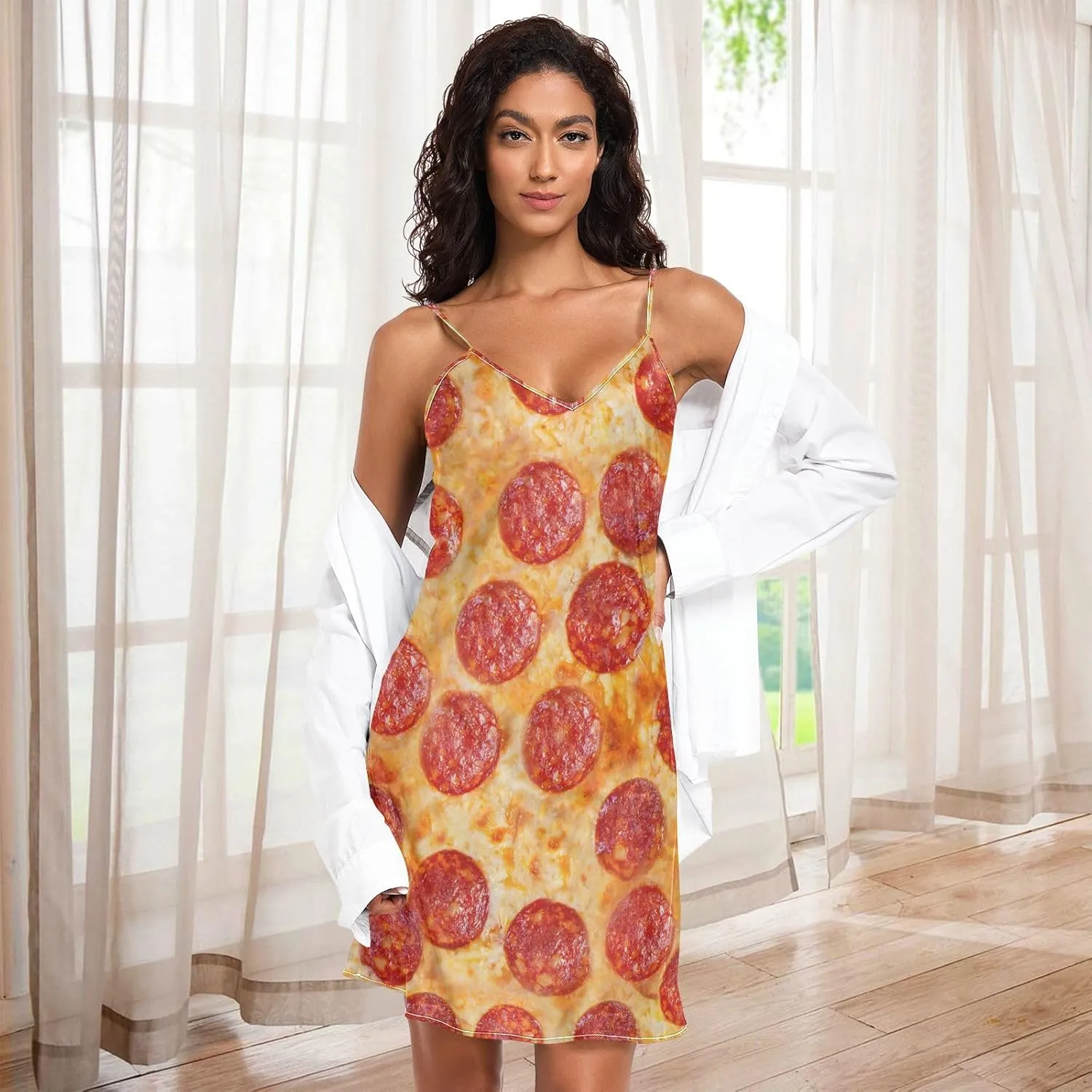 Women's Nightgowns Satin Slip Dress Nightdress Pizza Sleepwear Chemises Slip Mini Dress Food Pattern
