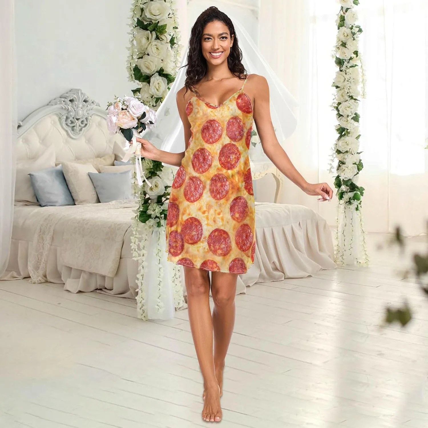 Women's Nightgowns Satin Slip Dress Nightdress Pizza Sleepwear Chemises Slip Mini Dress Food Pattern