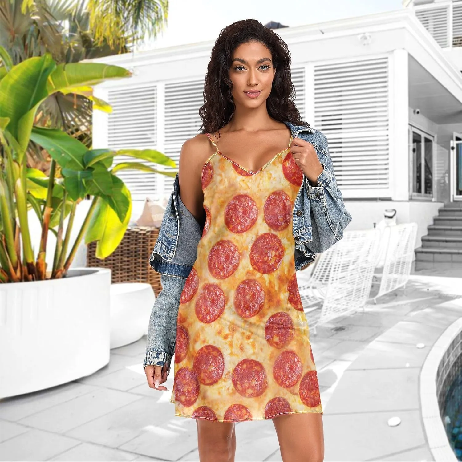 Women's Nightgowns Satin Slip Dress Nightdress Pizza Sleepwear Chemises Slip Mini Dress Food Pattern