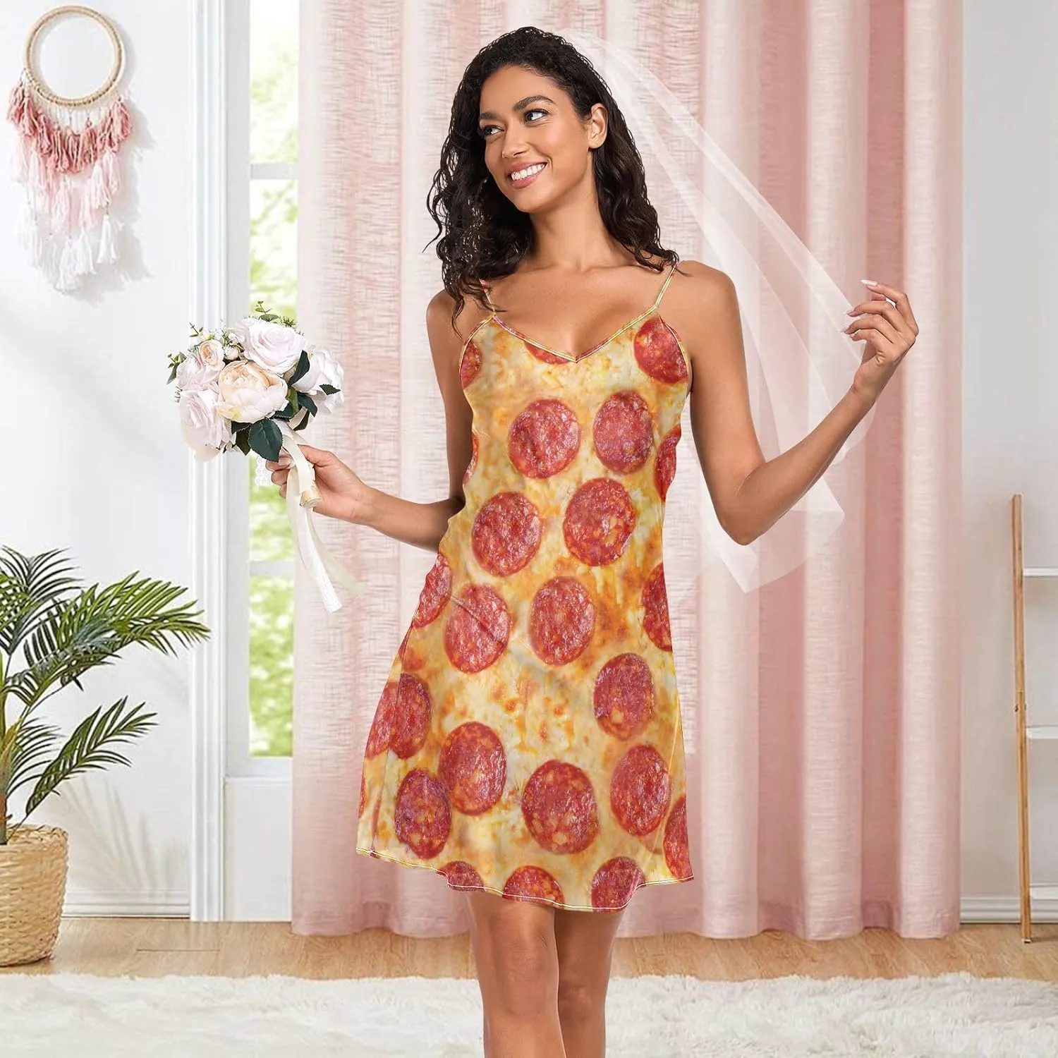Women's Nightgowns Satin Slip Dress Nightdress Pizza Sleepwear Chemises Slip Mini Dress Food Pattern