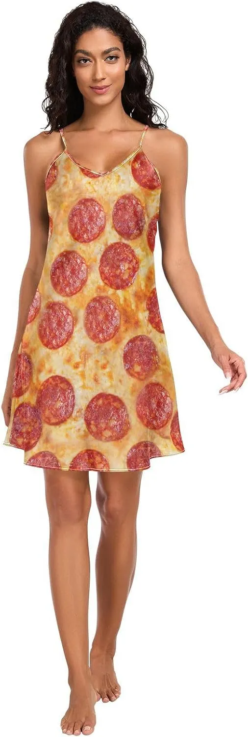 Women's Nightgowns Satin Slip Dress Nightdress Pizza Sleepwear Chemises Slip Mini Dress Food Pattern