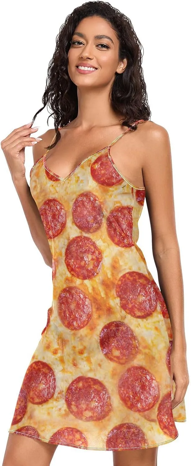 Women's Nightgowns Satin Slip Dress Nightdress Pizza Sleepwear Chemises Slip Mini Dress Food Pattern