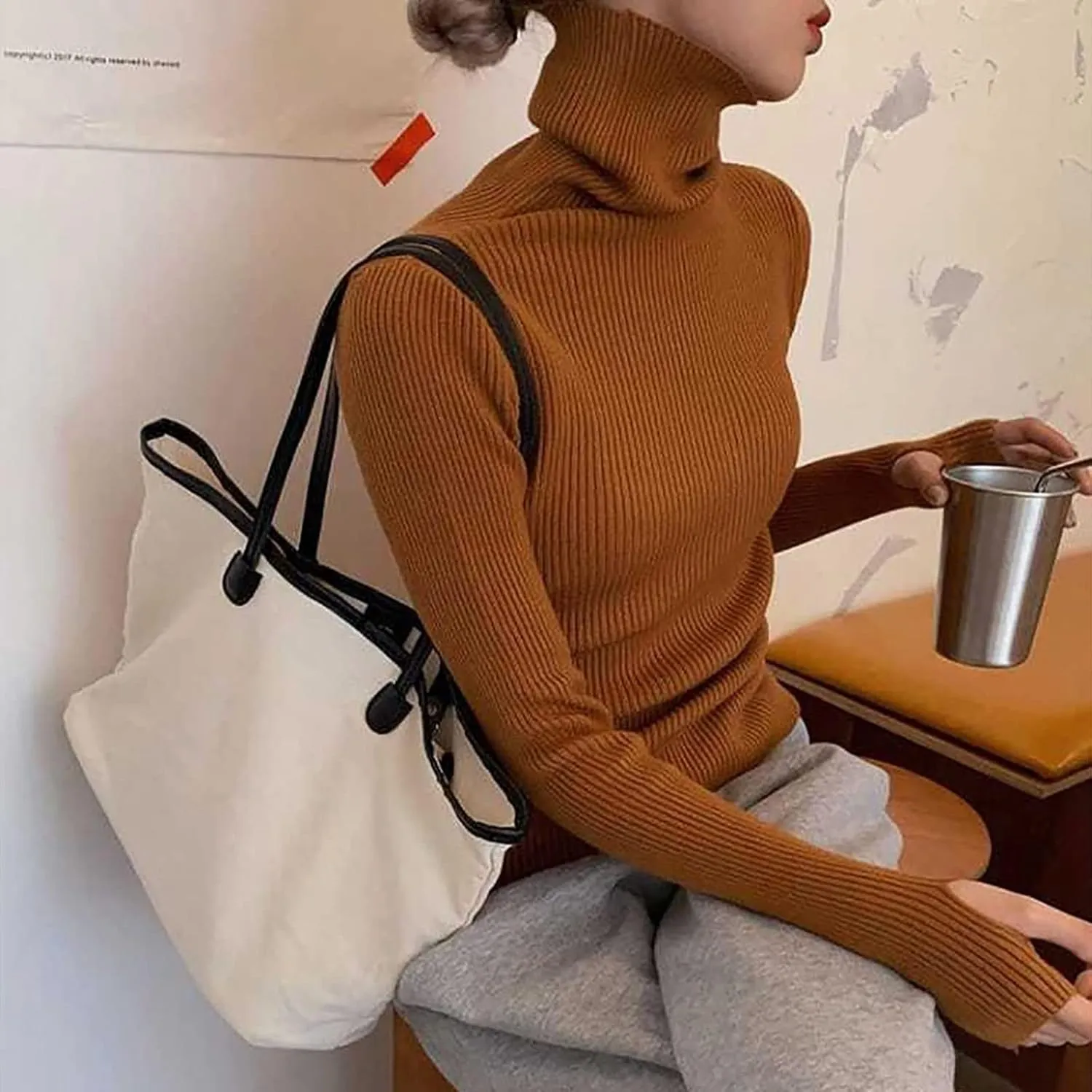 Women's Oversized Turtleneck Knitted Wool Knit Bottom Female Long Sleeve Thick Loose Pullover Sweater Dress Fall