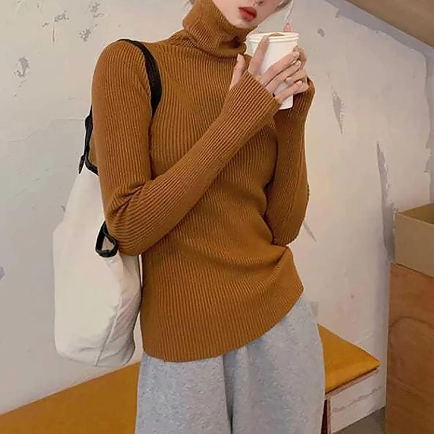 Women's Oversized Turtleneck Knitted Wool Knit Bottom Female Long Sleeve Thick Loose Pullover Sweater Dress Fall