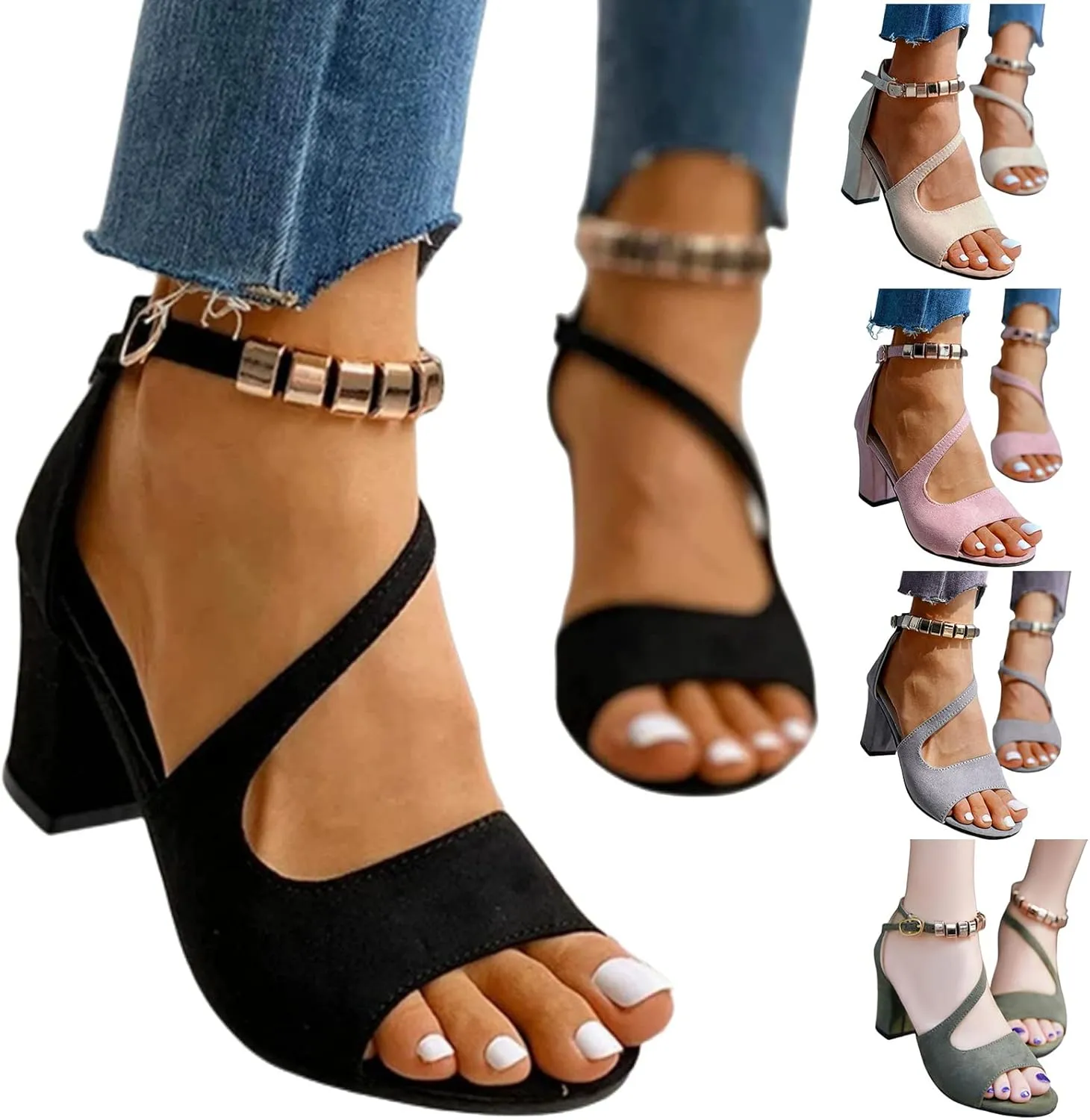 Womens Sandals Buckle Strap Ankle Strap Open Toe Fish Mouth High Heels Sandals Breathable Arch Support Dressy Shoes Summer Casual Beach Lightweight Comfortable Walking Chunky Sandal