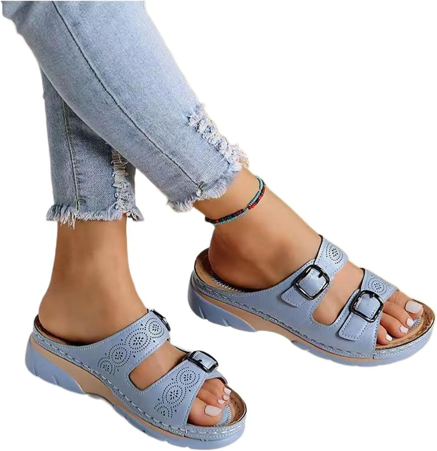 Womens Sandals Dressy Summer Comfortable Slides with Arch Support Casual Non Slip Platform Lightweight Wedge Shoes Open Toe Walking Beach Slippers Breathable Adjustable Orthopedic Diabetic Sandals